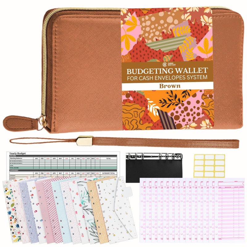 THREE WAY CUT Cash Envelope Wallet Brown All in One Budget System RFID Blocking with 12x Tabbed Cash Envelopes, 12x Monthly Budget Cards,1x Yearly budget planner sheet Complete Money Organizer Set for Cash - Image 1